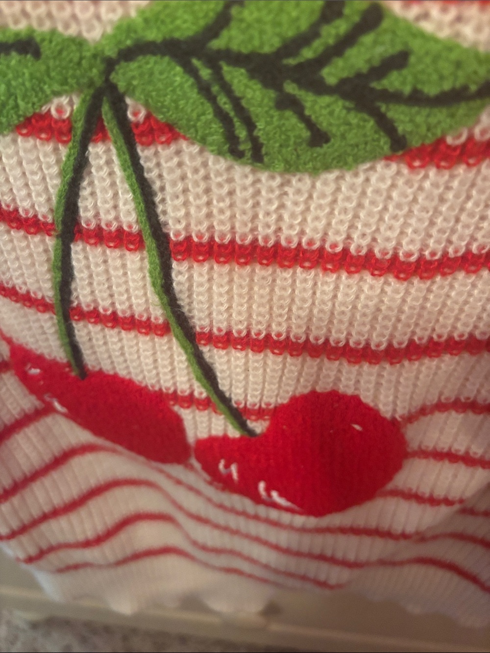 Women Striped Knit Cherry Appliqué Sweater Vest - White & Red - Picture 2 of 2